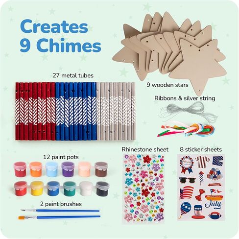 ArtCreativity Patriotic DIY Wind Chime Kit for Kids - 9 Pack - Wooden Wind Chime Set with Paint Kit, Rhinestone Flower Stickers, 105 Stickers, and More - July 4th Arts and Crafts for Kids 3 and Up in Kuwait