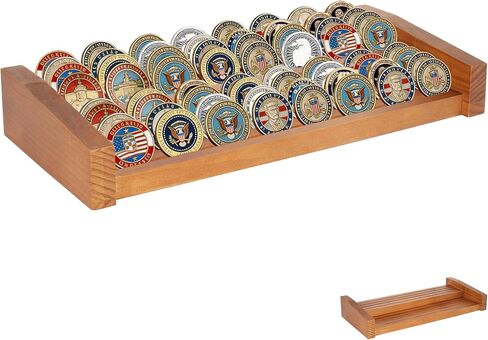 8 Row Challenge Coin Display Stand - Solid Pine Wood Rack Holds 50-70 Military, Veteran & Collector Coins, Angled Shelves for Desktop & Tabletop Display (Natural Wood Finish) in Saudi Arabia
