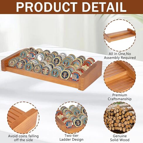 8 Row Challenge Coin Display Stand - Solid Pine Wood Rack Holds 50-70 Military, Veteran & Collector Coins, Angled Shelves for Desktop & Tabletop Display (Natural Wood Finish) in Saudi Arabia