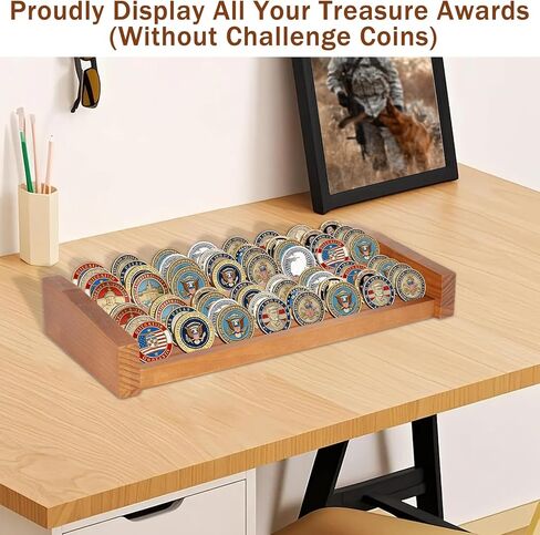 8 Row Challenge Coin Display Stand - Solid Pine Wood Rack Holds 50-70 Military, Veteran & Collector Coins, Angled Shelves for Desktop & Tabletop Display (Natural Wood Finish) in Saudi Arabia