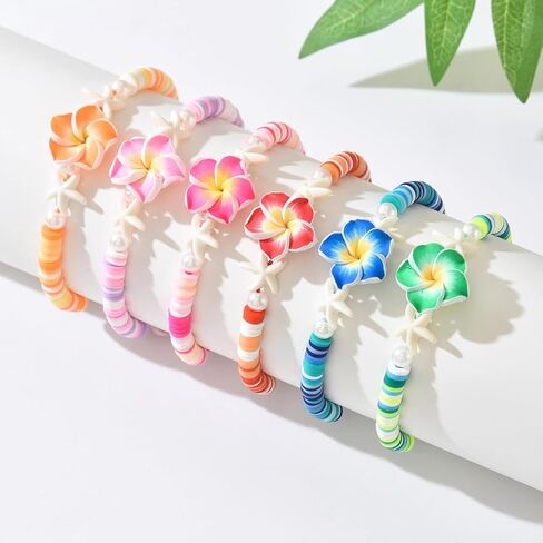 Bohemia Hawaiian Plumeria Rubra Polymer Clay Stretch Bracelets Set Handmade Colorful Starfish Tropical Flower Glass Beaded Stackable Bracelet for Women Luau Beach Party Vacation Jewelry Gifts in Saudi Arabia