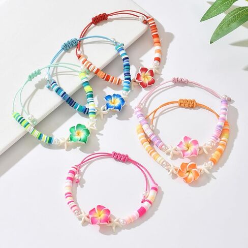 Bohemia Hawaiian Plumeria Rubra Polymer Clay Stretch Bracelets Set Handmade Colorful Starfish Tropical Flower Glass Beaded Stackable Bracelet for Women Luau Beach Party Vacation Jewelry Gifts in Saudi Arabia