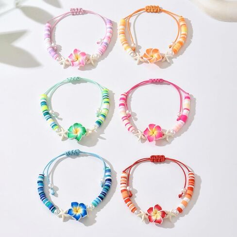 Bohemia Hawaiian Plumeria Rubra Polymer Clay Stretch Bracelets Set Handmade Colorful Starfish Tropical Flower Glass Beaded Stackable Bracelet for Women Luau Beach Party Vacation Jewelry Gifts in Saudi Arabia