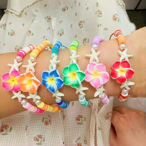 Bohemia Hawaiian Plumeria Rubra Polymer Clay Stretch Bracelets Set Handmade Colorful Starfish Tropical Flower Glass Beaded Stackable Bracelet for Women Luau Beach Party Vacation Jewelry Gifts in Saudi Arabia