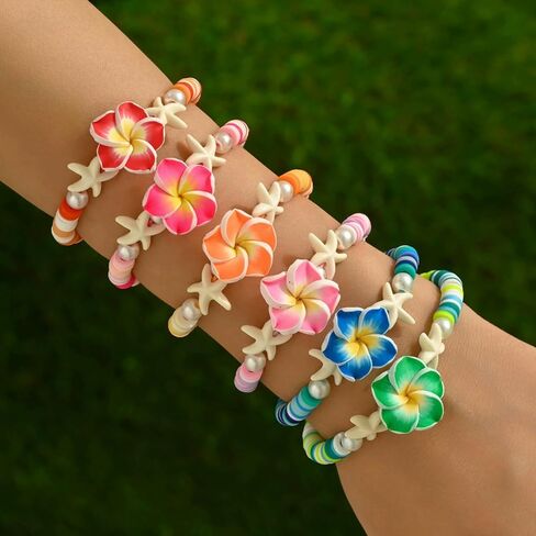 Bohemia Hawaiian Plumeria Rubra Polymer Clay Stretch Bracelets Set Handmade Colorful Starfish Tropical Flower Glass Beaded Stackable Bracelet for Women Luau Beach Party Vacation Jewelry Gifts in Saudi Arabia