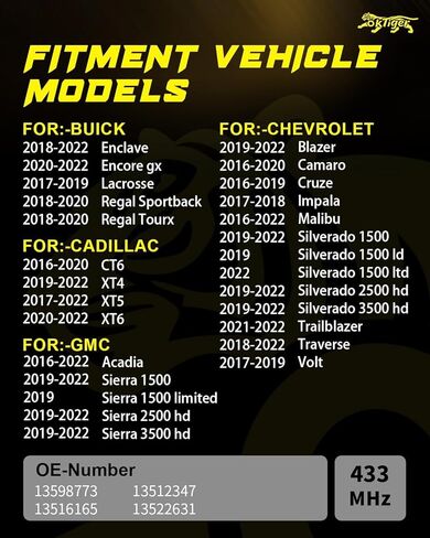Oktiger 433MHz TPMS Sensor Pre-Programmed Fit for Gmc Acadia 2016-2022, Sierra 1500/2500/3500 2019-2022, for Cadillac XT4 2019-2022, XT5 2017-2022, XT6 2020-2022, CT6 2016-2020, for Buick, OE#13598773 in Kuwait