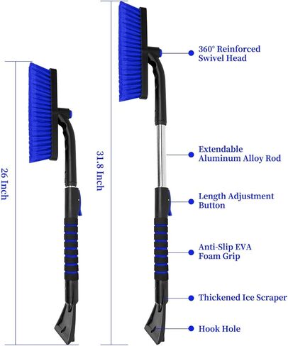 SEAAES Ice Scraper with Snow Brush for Car Windshield, Upgraded Extendable Snow Brush with Foam Grip for Truck SUV Vehicle Window - Blue in Saudi Arabia