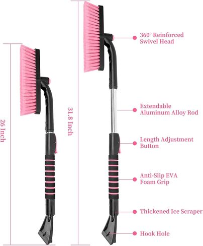SEAAES Ice Scraper with Snow Brush for Car Windshield, Upgraded Extendable Snow Brush with Foam Grip for Truck SUV Vehicle Windows - Pink in Saudi Arabia