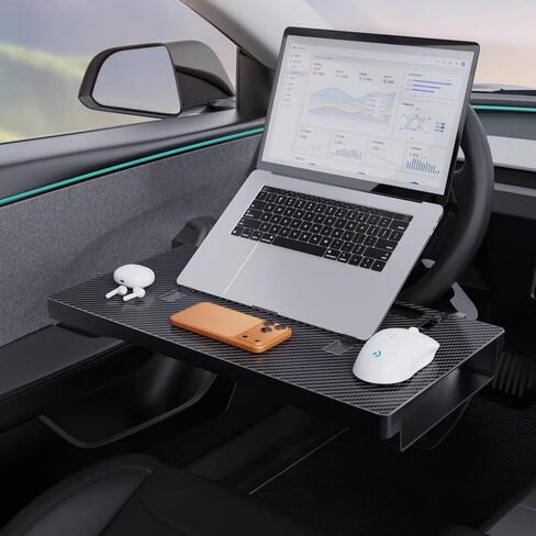 2-in-1 Car Steering Wheel Desk Tray & Seat Gap Filler Organizer, Foldable Car Laptop Table with Adjustable Hooks, Fits Most Steering Wheels, Carbon Fiber Look in Saudi Arabia