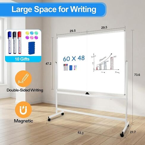 Large Rolling White Board - Double Sided Mobile Whiteboard 60 x 48 Inches, Magnetic Dry Erase Board Easel Standing Board on Wheels, for Classroom Office and Home in Saudi Arabia