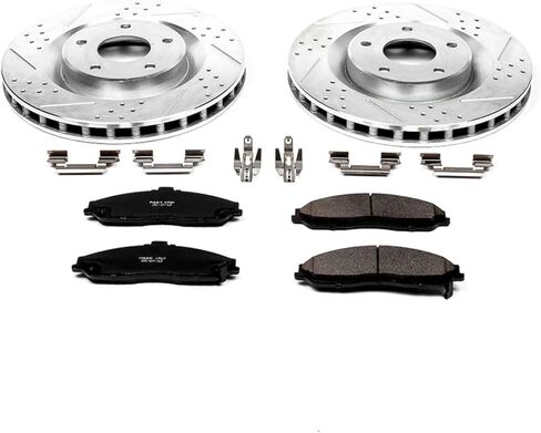 طقم فرامل أمامية PowerStop لكاديلاك XLR 2005-07 | شيفروليه كورفيت 2005-13 - دوارات قرصية مثقوبة ومشقوقة مع استبدال وسادات الفرامل المصنوعة من السيراميك والألياف الكربونية، K1417 in Kuwait