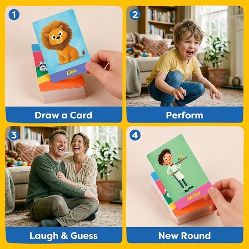 Charades Game for Kids Ages 4+ – 100 Cards Animals Actions Professions with Illustrations No Reading Required,Creative Educational Learning Pictionary Game for Family, Party, Classroom & Travel in Kuwait