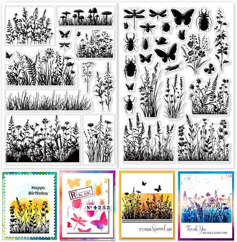 GLOBLELAND 2 Sheets Wildflowers and Grass Silhouettes Clear Stamp for Scrapbooking 8.27x5.83 inch Flowers Leaves Silicone Stamps Insect Transparent Stamp Set for Card Making DIY Embossing Journaling in Kuwait