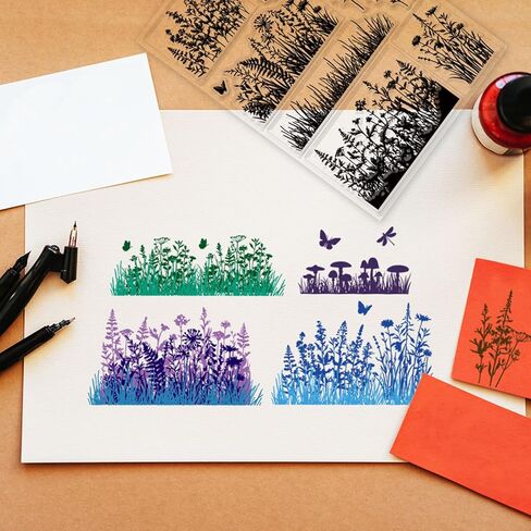 GLOBLELAND 2 Sheets Wildflowers and Grass Silhouettes Clear Stamp for Scrapbooking 8.27x5.83 inch Flowers Leaves Silicone Stamps Insect Transparent Stamp Set for Card Making DIY Embossing Journaling in Kuwait