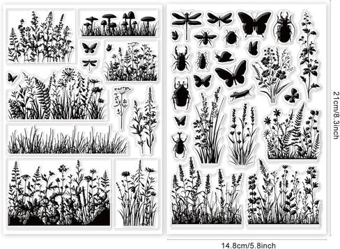 GLOBLELAND 2 Sheets Wildflowers and Grass Silhouettes Clear Stamp for Scrapbooking 8.27x5.83 inch Flowers Leaves Silicone Stamps Insect Transparent Stamp Set for Card Making DIY Embossing Journaling in Kuwait