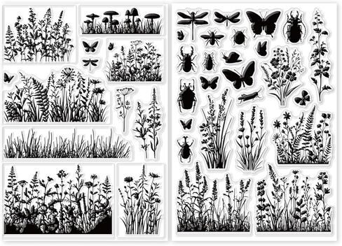 GLOBLELAND 2 Sheets Wildflowers and Grass Silhouettes Clear Stamp for Scrapbooking 8.27x5.83 inch Flowers Leaves Silicone Stamps Insect Transparent Stamp Set for Card Making DIY Embossing Journaling in Kuwait