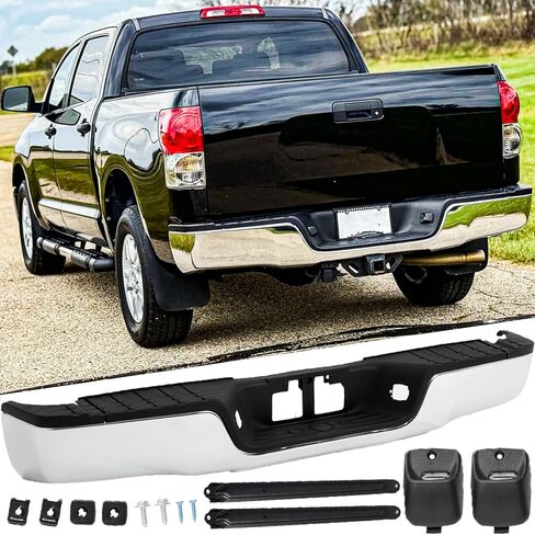 Rear Steel Step Bumper Assembly for 2007-2013 Toyota Tundra without Park Sensor Holes Chrome Back Bumper Replacement for TO1103117,with Pads Brackets and License Plate Lights in Kuwait