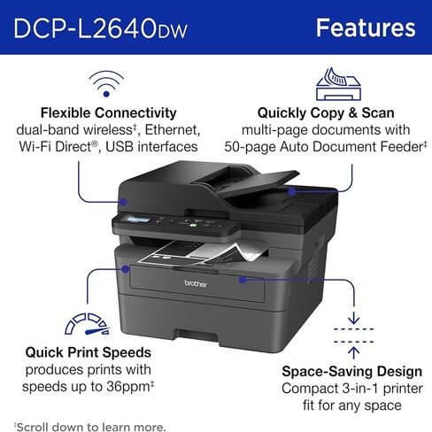 حزمة طابعة ليزر Brother Wireless DCP-L2640DW المدمجة أحادية اللون ومتعددة الوظائف مع خطة حماية لمدة 26 شهرًا، وتنزيل رقمي لأساسيات الطابعة، وكابل HDMI بطول 6 أقدام وكابل USB من النوع A إلى النوع B بطول 6 أقدام in Saudi Arabia