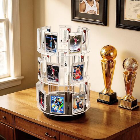 Trading Card Display, 3 Tier Acrylic Card Holder for Graded, Sports and TCG Cards,360° Automatic Rotating Trading Card Display Stand with Card Supporters, for Football Basketball Hockey Trading Card in Saudi Arabia