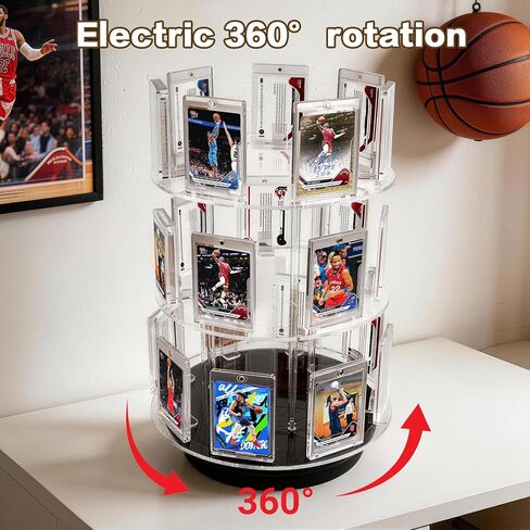 Trading Card Display, 3 Tier Acrylic Card Holder for Graded, Sports and TCG Cards,360° Automatic Rotating Trading Card Display Stand with Card Supporters, for Football Basketball Hockey Trading Card in Saudi Arabia