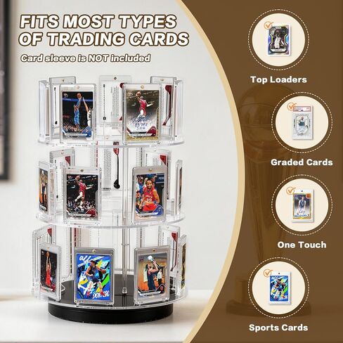 Trading Card Display, 3 Tier Acrylic Card Holder for Graded, Sports and TCG Cards,360° Automatic Rotating Trading Card Display Stand with Card Supporters, for Football Basketball Hockey Trading Card in Saudi Arabia