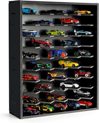 رف عرض سيارة لعبة Krafetto، يحمل 50 سيارة لعبة Diecast 1/64، حقيبة تنظيم تخزين السيارة على الحائط، مرآب سيارات ألعاب سطح المكتب (أسود) in Kuwait