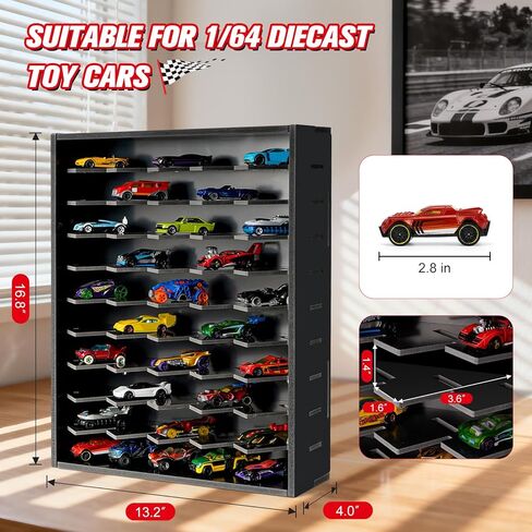رف عرض سيارة لعبة Krafetto، يحمل 50 سيارة لعبة Diecast 1/64، حقيبة تنظيم تخزين السيارة على الحائط، مرآب سيارات ألعاب سطح المكتب (أسود) in Kuwait