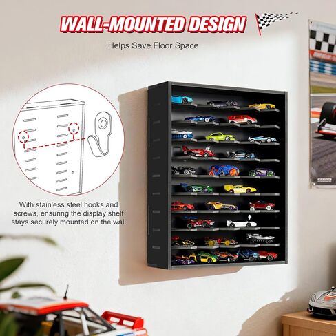 رف عرض سيارة لعبة Krafetto، يحمل 50 سيارة لعبة Diecast 1/64، حقيبة تنظيم تخزين السيارة على الحائط، مرآب سيارات ألعاب سطح المكتب (أسود) in Kuwait