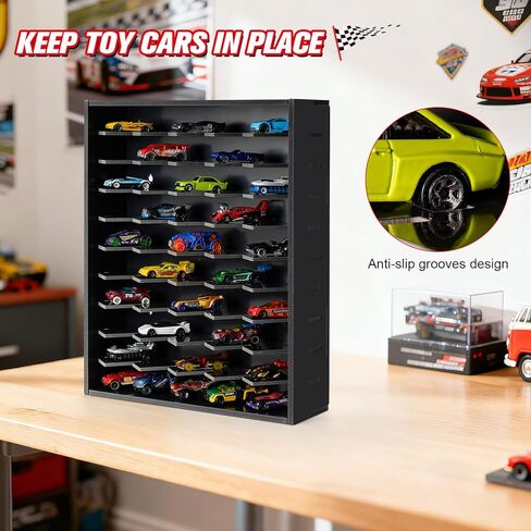 رف عرض سيارة لعبة Krafetto، يحمل 50 سيارة لعبة Diecast 1/64، حقيبة تنظيم تخزين السيارة على الحائط، مرآب سيارات ألعاب سطح المكتب (أسود) in Kuwait