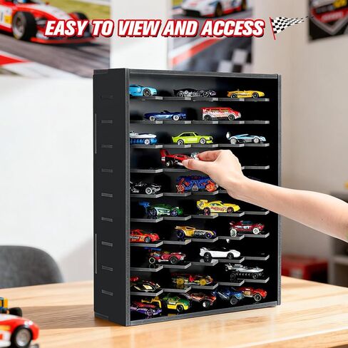 رف عرض سيارة لعبة Krafetto، يحمل 50 سيارة لعبة Diecast 1/64، حقيبة تنظيم تخزين السيارة على الحائط، مرآب سيارات ألعاب سطح المكتب (أسود) in Kuwait