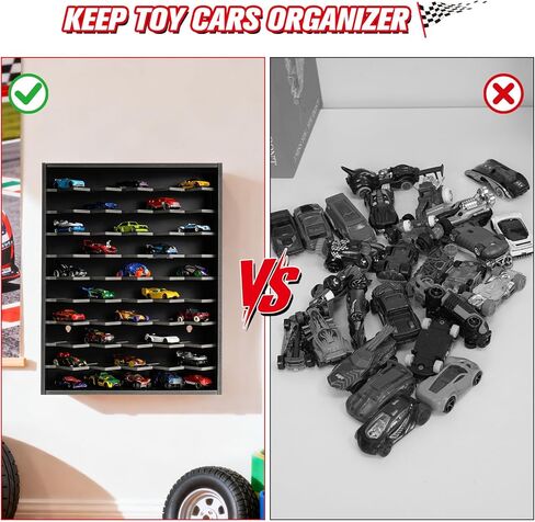 رف عرض سيارة لعبة Krafetto، يحمل 50 سيارة لعبة Diecast 1/64، حقيبة تنظيم تخزين السيارة على الحائط، مرآب سيارات ألعاب سطح المكتب (أسود) in Kuwait
