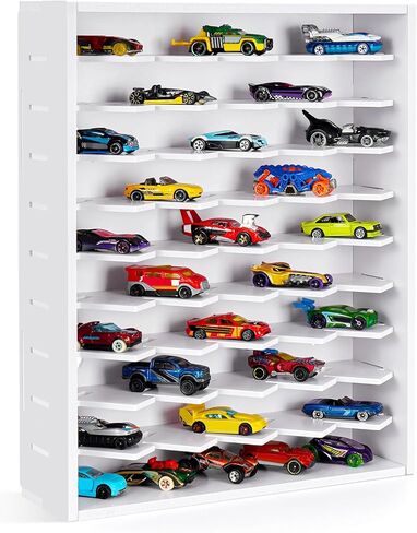 رف عرض سيارة لعبة Krafetto، يحمل 50 سيارة لعبة Diecast 1/64، حقيبة تنظيم تخزين السيارة على الحائط، مرآب سيارات ألعاب سطح المكتب (أسود) in Kuwait