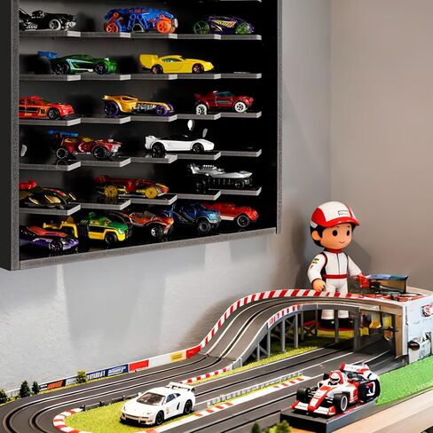 رف عرض سيارة لعبة Krafetto، يحمل 50 سيارة لعبة Diecast 1/64، حقيبة تنظيم تخزين السيارة على الحائط، مرآب سيارات ألعاب سطح المكتب (أسود) in Kuwait