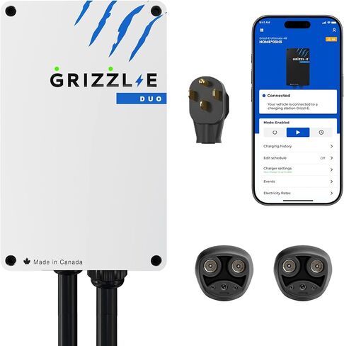 Grizzl-E Duo Connect 40A / 9.6 kW Level 2 EV Charger، UL تم اختباره واعتماده، علبة معدنية داخلية / خارجية محطة شحن حائط ذكية للسيارة الكهربائية، NEMA 14-50، J1772-J1772، أسود in Kuwait