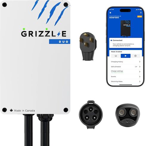 Grizzl-E Duo Connect 40A / 9.6 kW Level 2 EV Charger، UL تم اختباره واعتماده، علبة معدنية داخلية / خارجية محطة شحن حائط ذكية للسيارة الكهربائية، NEMA 14-50، J1772-J1772، أسود in Kuwait