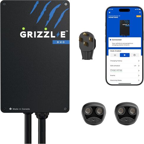 Grizzl-E Duo Connect 40A / 9.6 kW Level 2 EV Charger، UL تم اختباره واعتماده، علبة معدنية داخلية / خارجية محطة شحن حائط ذكية للسيارة الكهربائية، NEMA 14-50، J1772-J1772، أسود in Kuwait