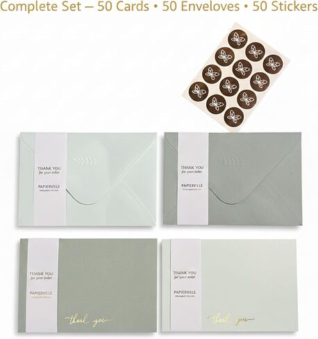 Thank You Note Cards with Envelopes – 50 Pack – 25 Dark Green & 25 Light Green Flat Cards – 50 Gold Foil Stickers Included – Bulk Set for Wedding, Graduation, Baby Shower, Business in Saudi Arabia