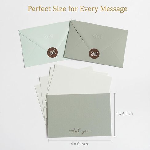 Thank You Note Cards with Envelopes – 50 Pack – 25 Dark Green & 25 Light Green Flat Cards – 50 Gold Foil Stickers Included – Bulk Set for Wedding, Graduation, Baby Shower, Business in Saudi Arabia