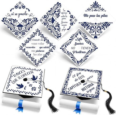 Gersoniel 14 Pcs Mexico USA Graduation Cap Topper Sticker Grad Gift Latino Inspired Grad Cap Topper Card Stock for Mexican Graduation Hat Accessories Supplies(Blue, White,Talavera) in Kuwait