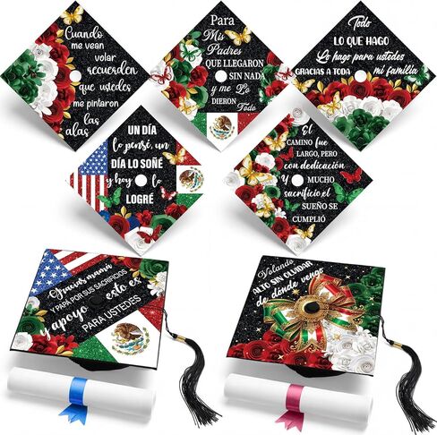 Gersoniel 14 Pcs Mexico USA Graduation Cap Topper Sticker Grad Gift Latino Inspired Grad Cap Topper Card Stock for Mexican Graduation Hat Accessories Supplies(Blue, White,Talavera) in Kuwait