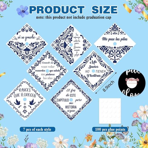 Gersoniel 14 Pcs Mexico USA Graduation Cap Topper Sticker Grad Gift Latino Inspired Grad Cap Topper Card Stock for Mexican Graduation Hat Accessories Supplies(Blue, White,Talavera) in Kuwait