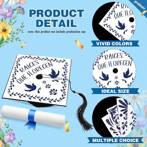Gersoniel 14 Pcs Mexico USA Graduation Cap Topper Sticker Grad Gift Latino Inspired Grad Cap Topper Card Stock for Mexican Graduation Hat Accessories Supplies(Blue, White,Talavera) in Kuwait