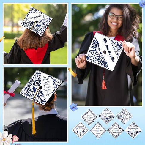Gersoniel 14 Pcs Mexico USA Graduation Cap Topper Sticker Grad Gift Latino Inspired Grad Cap Topper Card Stock for Mexican Graduation Hat Accessories Supplies(Blue, White,Talavera) in Kuwait