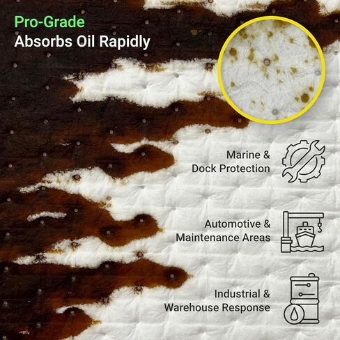 GreenStrength Oil Spill Absorbent Pads (100-Pack) 16"x18" Heavy Duty Hydrophobic Oil-Only - High Absorbency, Floats on Water - Ideal for Garage, Shop, Marine & Industrial Leaks, Made in Canada in Kuwait
