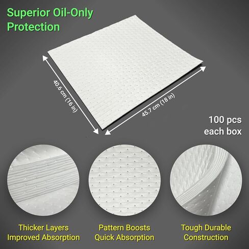 GreenStrength Oil Spill Absorbent Pads (100-Pack) 16"x18" Heavy Duty Hydrophobic Oil-Only - High Absorbency, Floats on Water - Ideal for Garage, Shop, Marine & Industrial Leaks, Made in Canada in Kuwait