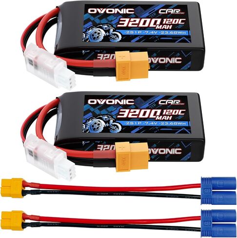 بطارية ليبو OVONIC 2S 7.4 فولت 3200 مللي أمبير في الساعة 120C مع موصل XT60 إلى EC5 لسيارة RC والشاحنات والمركبات والقارب بدون طيار والطائرة الرباعية والمروحية FPV نماذج هواية السباق Pro Truck Boat Jet Basher 2 بطاريات in Kuwait