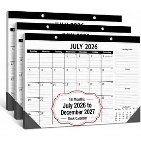3 عبوات تقويم مكتب 2026-2027 - ثلاثة تقاويم شهرية كبيرة لمدة 18 شهرًا (يوليو 2026 - ديسمبر 2027)، 17 بوصة × 12 بوصة لسطح المكتب ومخطط الحائط مع ورق سميك 120 جم، فتحات تعليق ذهبية للمنزل والمكتب in Kuwait