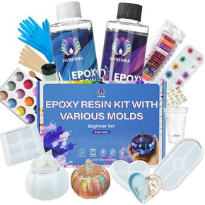 مجموعة راتنجات الإيبوكسي من Vivresina مع قوالب للمبتدئين - مجموعة كاملة من راتنجات الإيبوكسي فائقة الوضوح بوزن 17 أونصة تتضمن مساحيق الميكا واللمعان والزهور المجففة وغيرها من مستلزمات الراتنج، لمجموعات الحرف اليدوية للبالغين، هدية يمكنك صنعها بنفسك in Kuwait