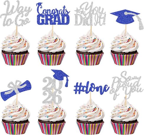 32Pcs Graduation Cupcake Toppers 2026 Red and Blue, Class of 2026 Graduation Cupcake Toppers 2026 Congrats Graduation Cap Diploma Cupcake Picks for 2026 Graduation Party Cake Decorations Red and Blue in Kuwait