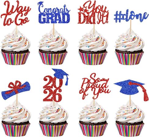 32Pcs Graduation Cupcake Toppers 2026 Red and Blue, Class of 2026 Graduation Cupcake Toppers 2026 Congrats Graduation Cap Diploma Cupcake Picks for 2026 Graduation Party Cake Decorations Red and Blue in Kuwait